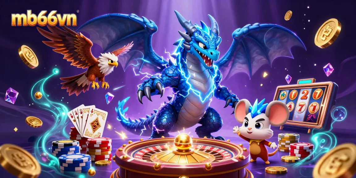 Experience thrilling wins with mb66vn, featuring a vibrant casino scene with slots, poker chips, and dynamic characters.