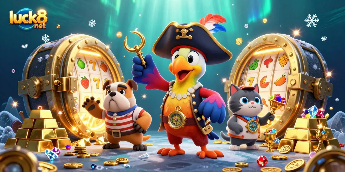 Experience the excitement of luck8 net casino with a vibrant 3D pirate theme illustration.
