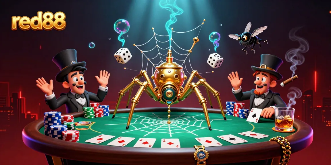 Experience thrilling moments at red88 casino with a steampunk spider and poker action.