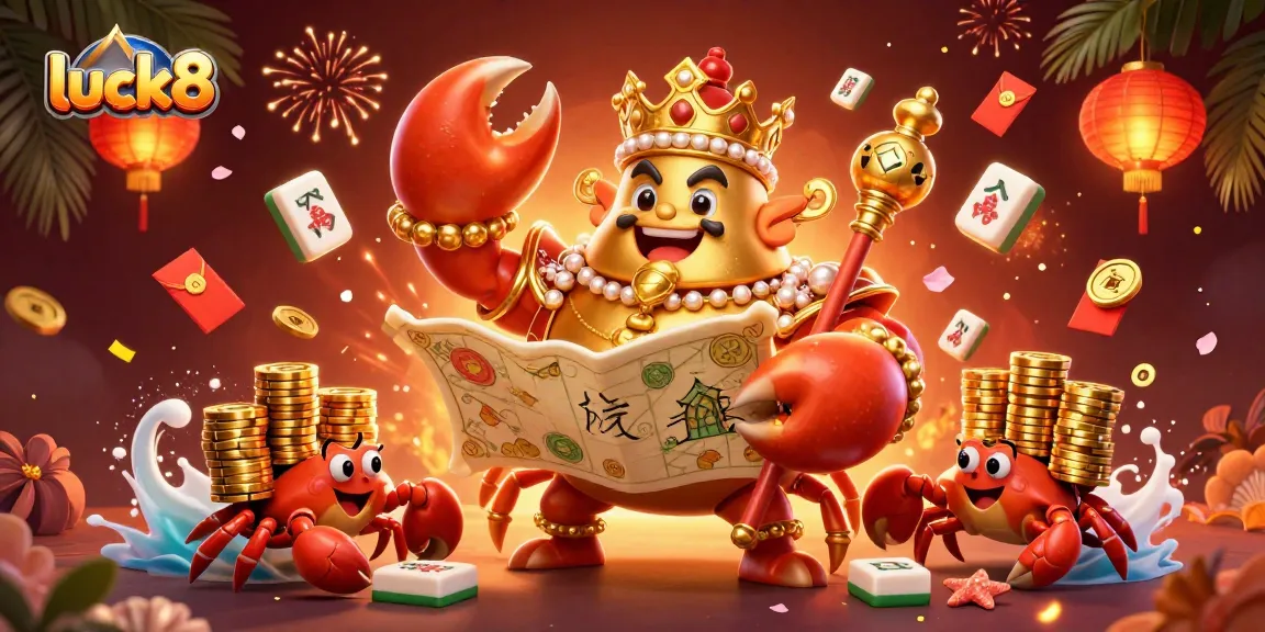 Engage in thrilling games at luck8 with a lively 3D scene featuring a golden crab emperor and festive elements.