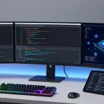 Gi8 software development workspace showcasing cloud computing tools and AI technology in an innovative tech setting.