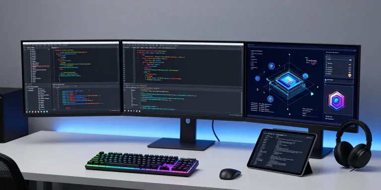 Gi8 software development workspace showcasing cloud computing tools and AI technology in an innovative tech setting.