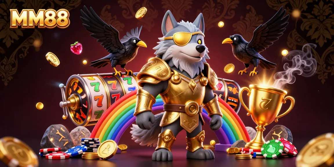 Experience MM88's thrilling slot adventure with Odin's wolf and glowing symbols in a dynamic casino scene.