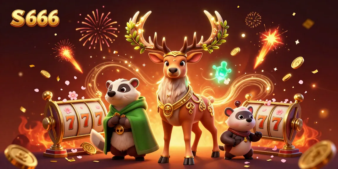 Experience S 666 with dynamic 3D characters enjoying thrilling slot games amidst festive elements.