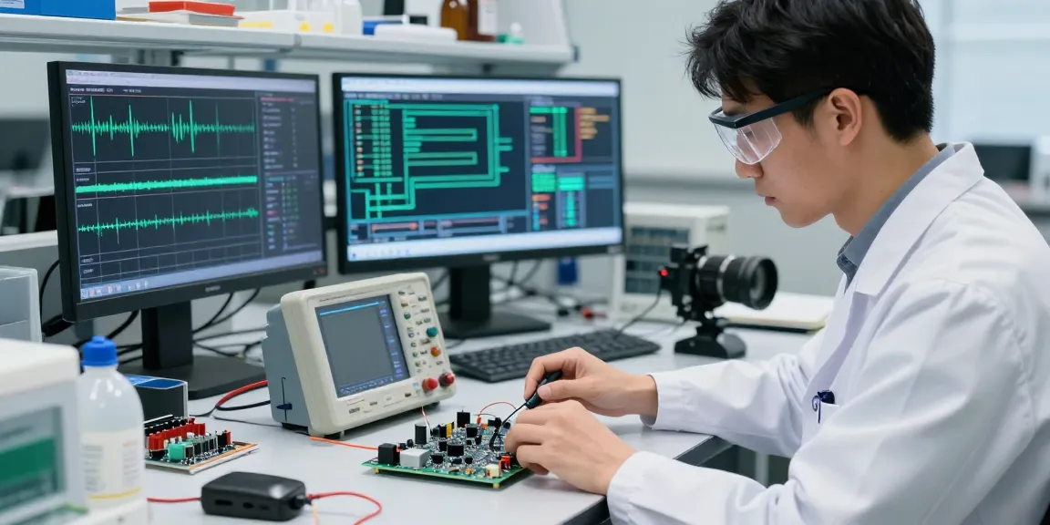 Engineer using a Handheld Portable Oscilloscope on a circuit board in a tech lab.