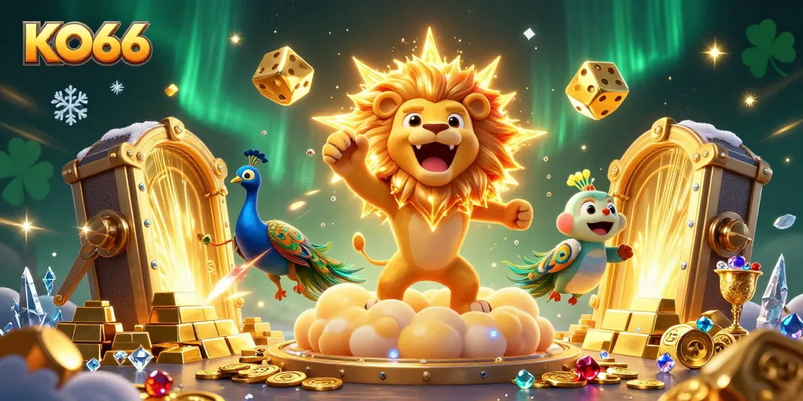 Spin the reels at KO66 with vibrant treasures and a roaring lion in a rich casino atmosphere.