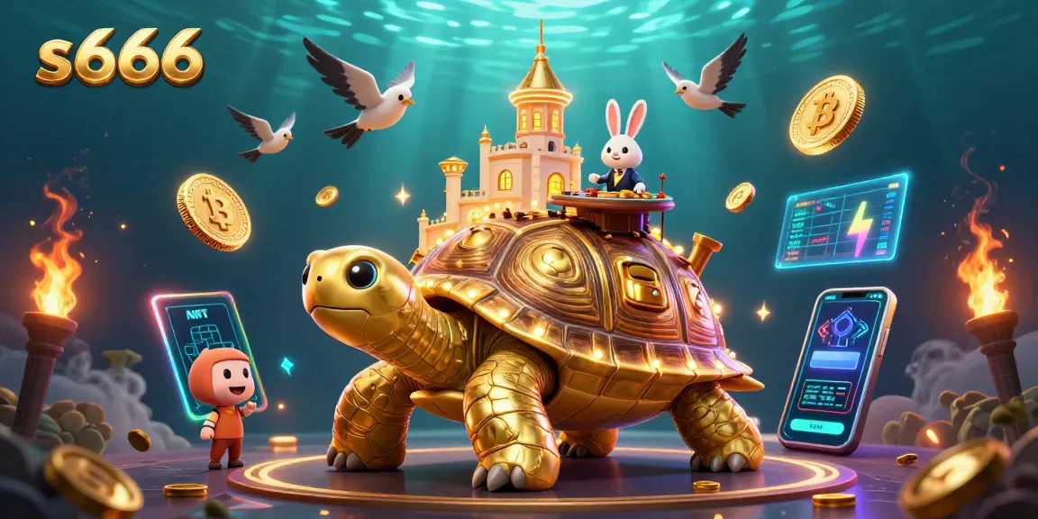 Join the excitement at s666 with a vibrant casino scene featuring a golden tortoise and rabbit dealer.