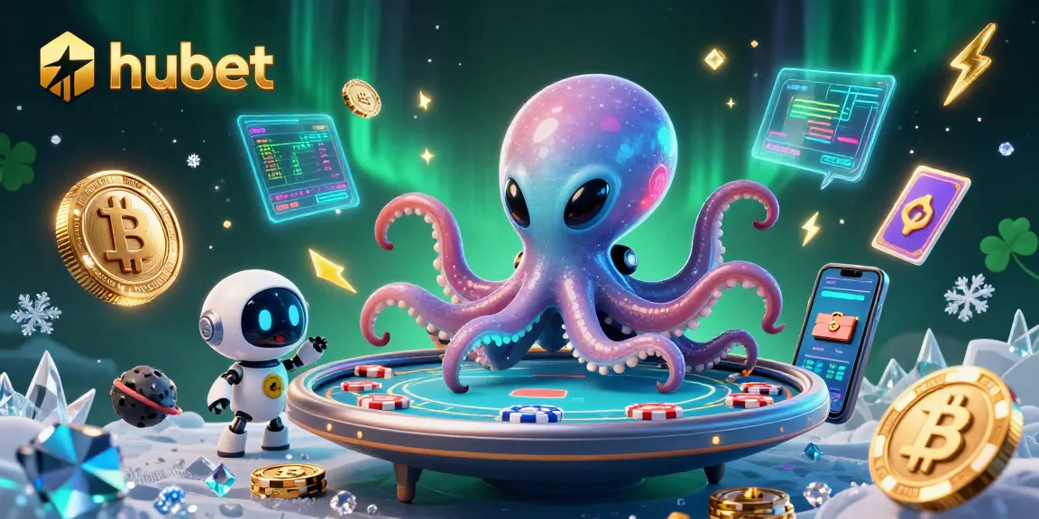 Engage in gaming action at hubet with a 3D digital casino scene featuring an alien octopus and floating holographic poker table.