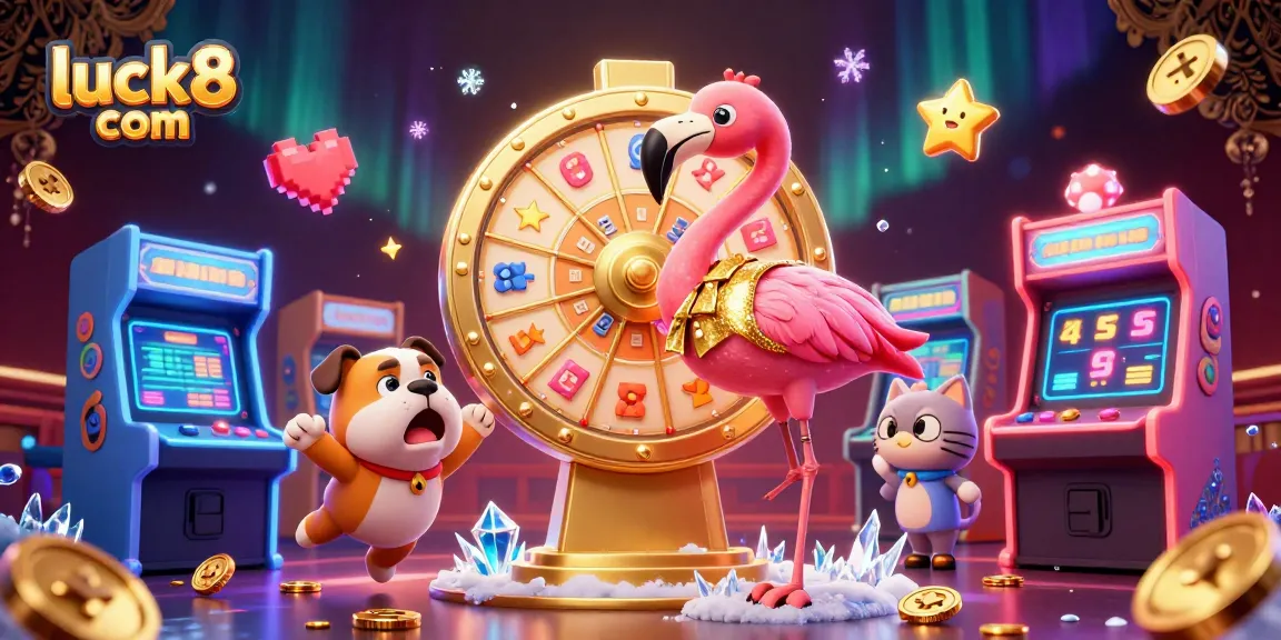 Spin the luck8 com prize wheel featuring exciting game show antics and vibrant casino elements.