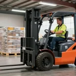 Best electric forklift in Texas operating in a dynamic warehouse with efficient material handling, showcasing vibrant design and skilled worker.