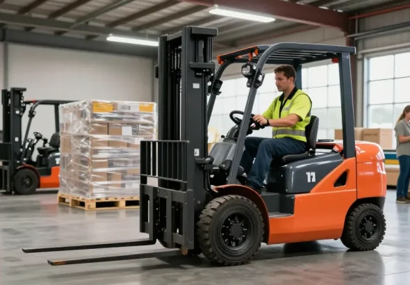 Best electric forklift in Texas operating in a dynamic warehouse with efficient material handling, showcasing vibrant design and skilled worker.