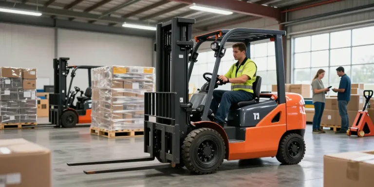 Best electric forklift in Texas operating in a dynamic warehouse with efficient material handling, showcasing vibrant design and skilled worker.