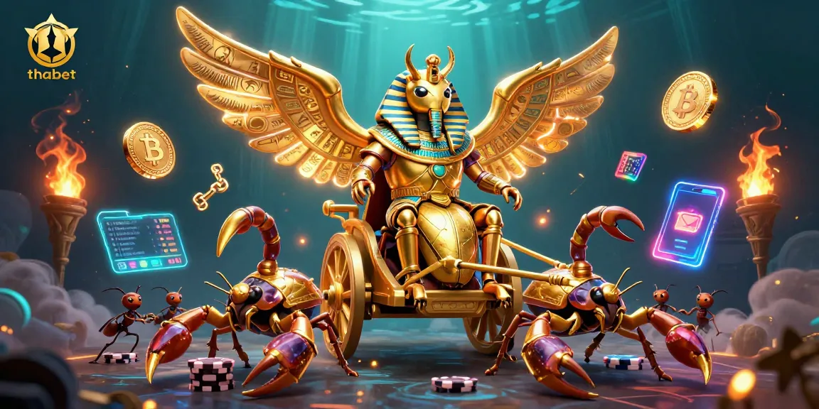 Engage with thabet's thrilling atmosphere as golden elements and crypto coins create a dynamic casino scene.